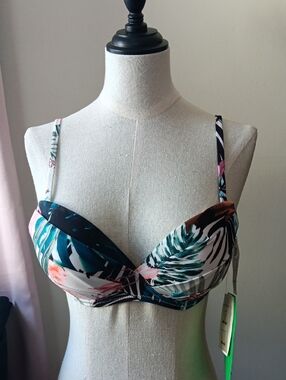 Tropical Leaf Print Underwire Bikini Top - Pink & Teal